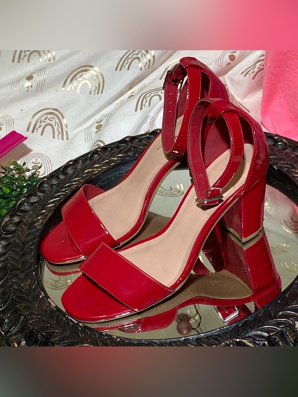 Rouge Helium Red Patent Block Heel Sandals with Ankle Strap